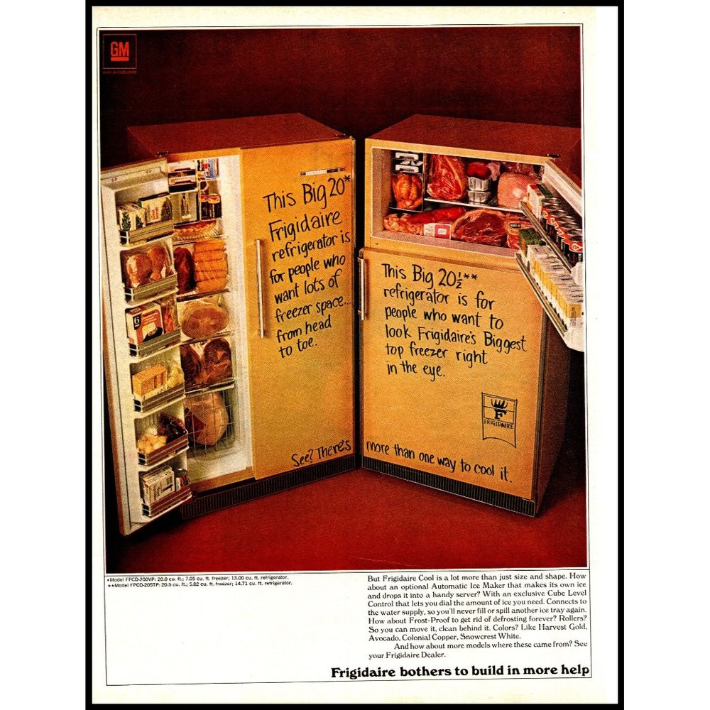 1970 Frigidaire Refrigerator Fridge Vintage Print Ad Harvest Gold Appliance Art